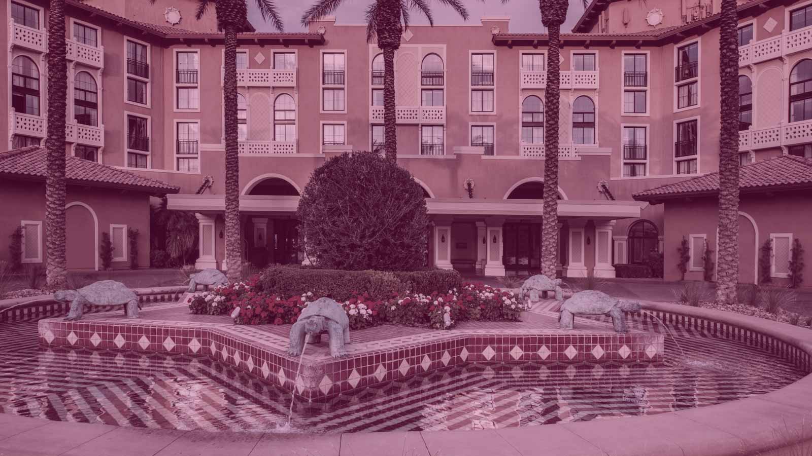 A waterfall at The Westin Lake Las Vegas, featuring turtle fountains.